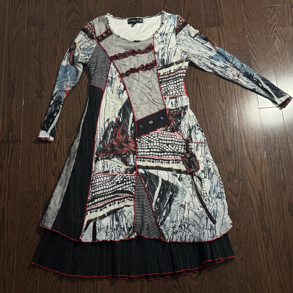 Unique Patchwork Long Sleeve Dress with Button and Mesh Detailing